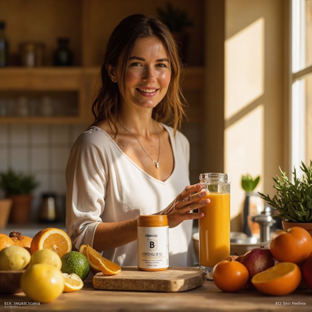 Mulher sorrindo em uma cozinha iluminada segurando um copo de suco de laranja