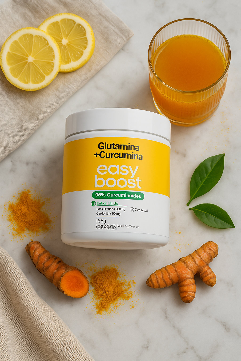 Pote de Glutamina + Curcumina Easy Boost com 95% de curcuminoides, sabor limão, 185g, rodeado de raízes de cúrcuma, folhas verdes e suco de laranja sobre uma superfície de mármore.